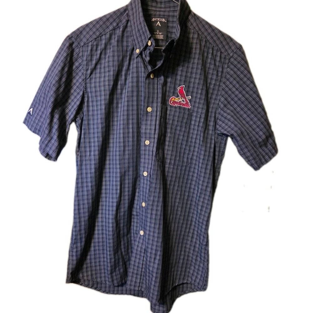 Antigua Mens St Louis Cardinals MLB Plaid Short Sleeve Button Down Shirt Blue S